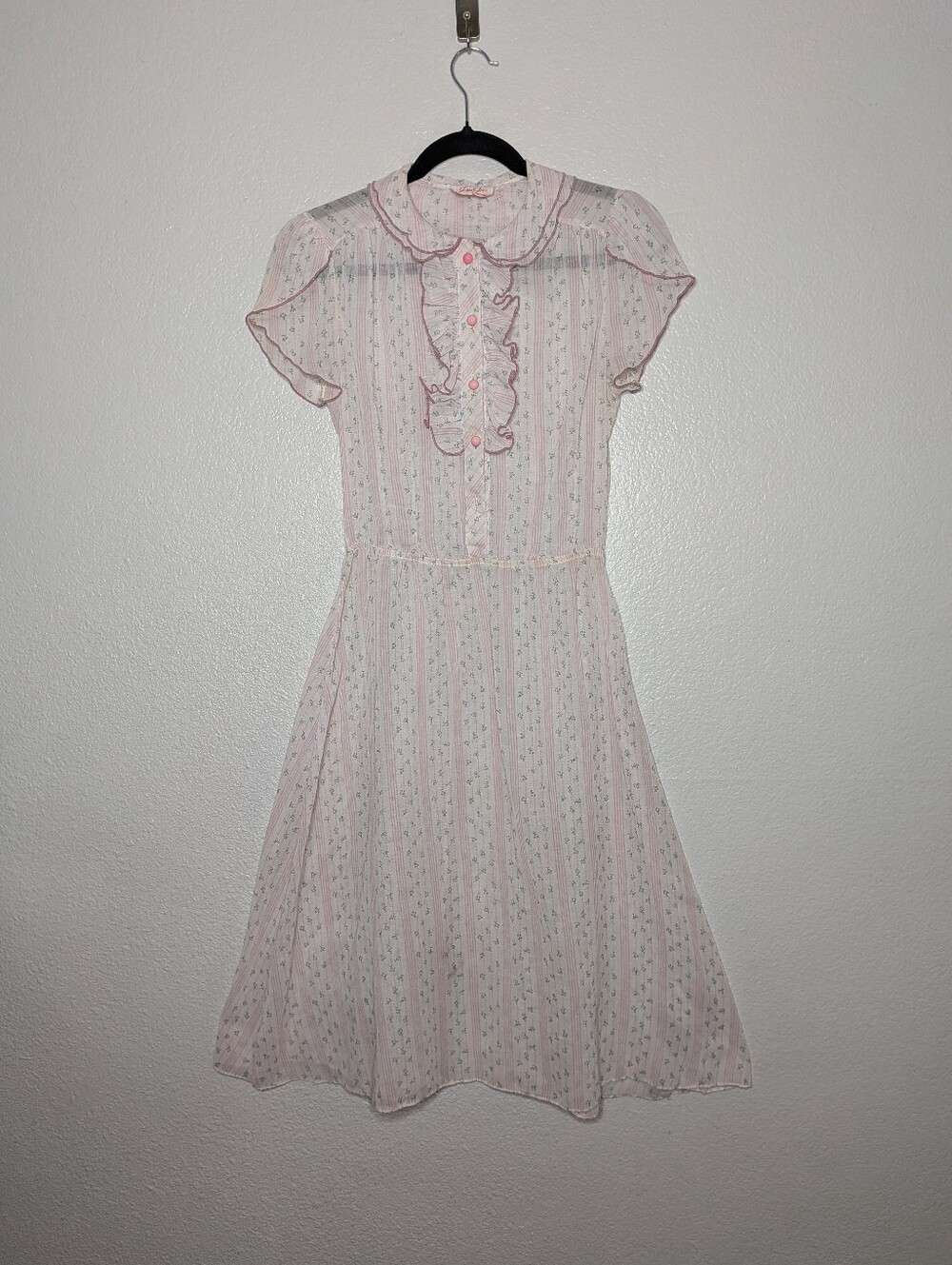 Jerry Gee Pink Vintage Coquette Cottagecore Dainty Ruffle Front Floral Dress S